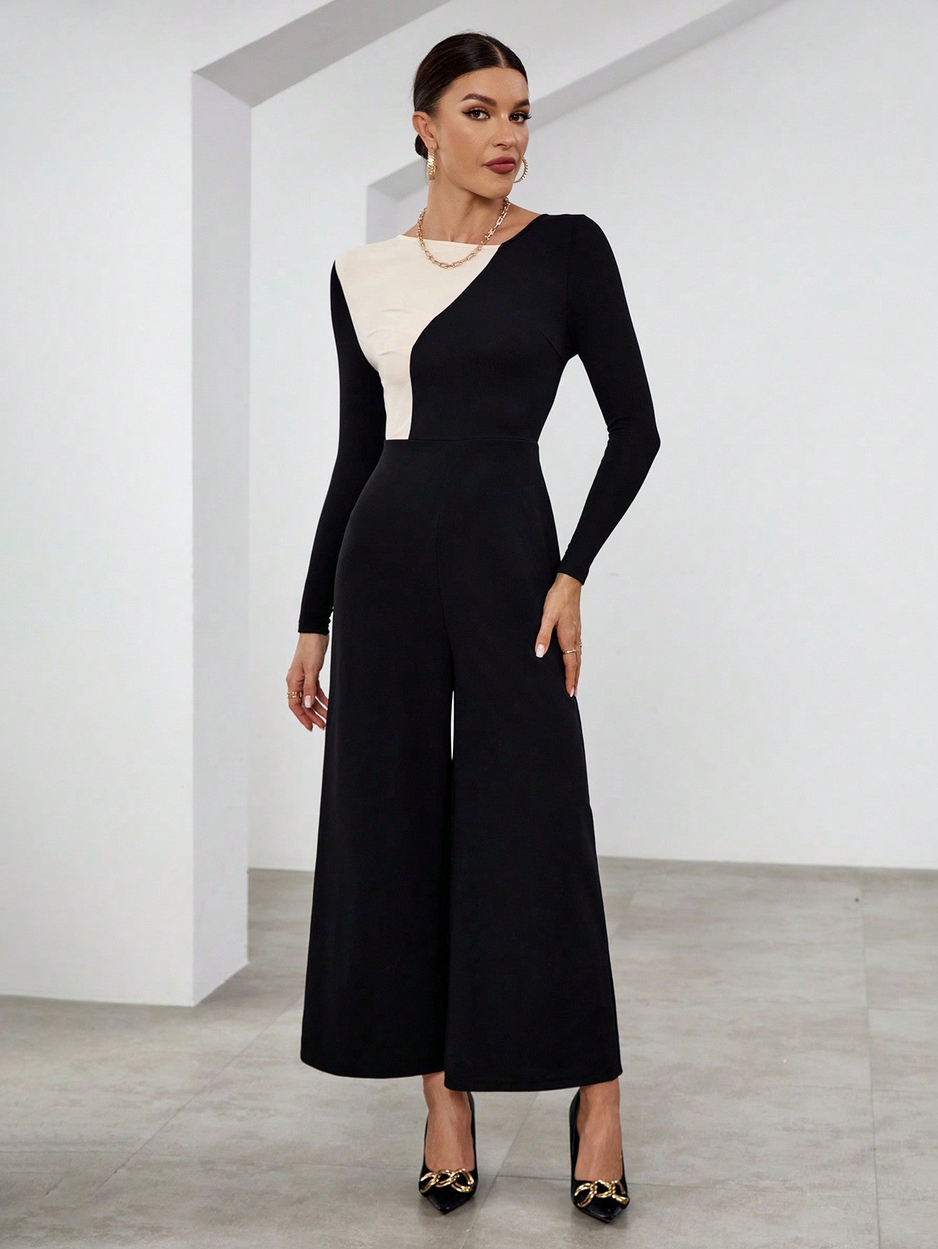 Privé Asymmetric Collar Color Block Long Sleeve Jumpsuit