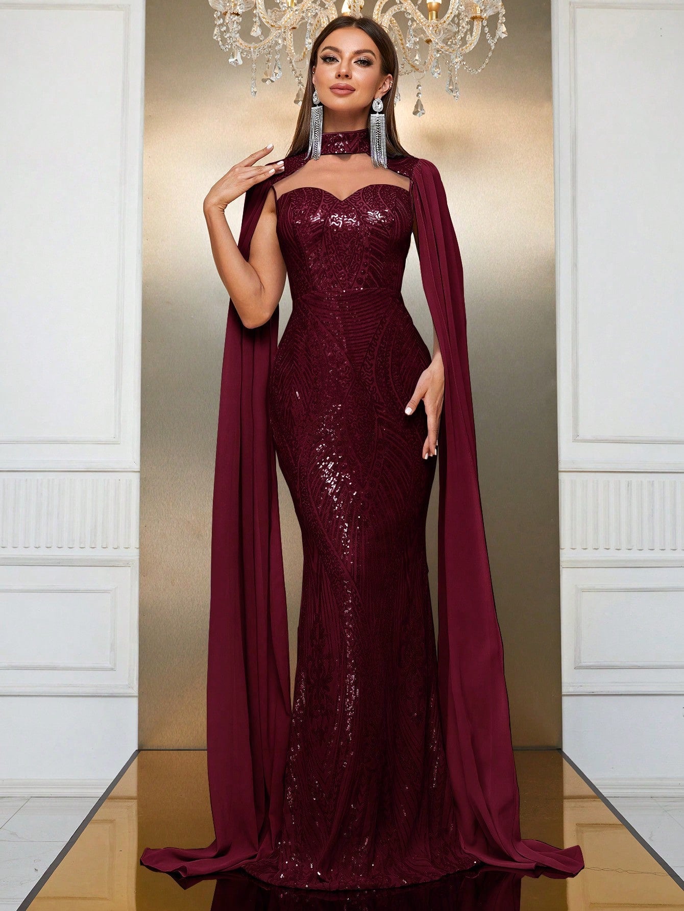 Giffniseti Contrast Sequin Cloak Sleeve Floor Length Formal Dress