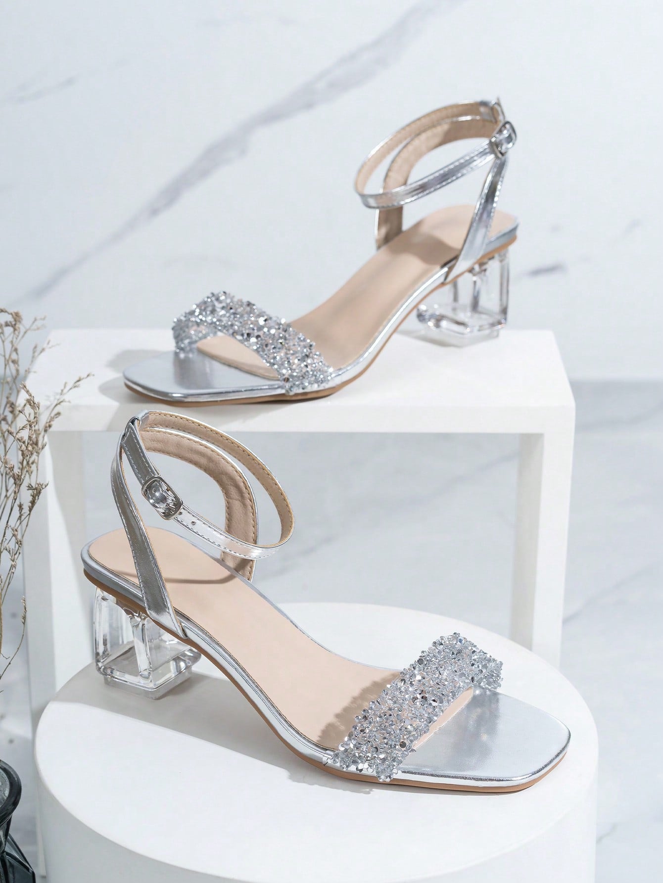 Fashionable & Elegant High Heel Sandals For Women With Crystal Heels And Rhinestone Decoration