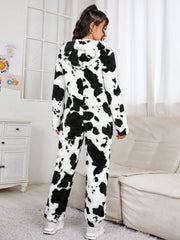 Qutie Cow Pattern 3D Ear Design Hooded Zipper Flannel Jumpsuit