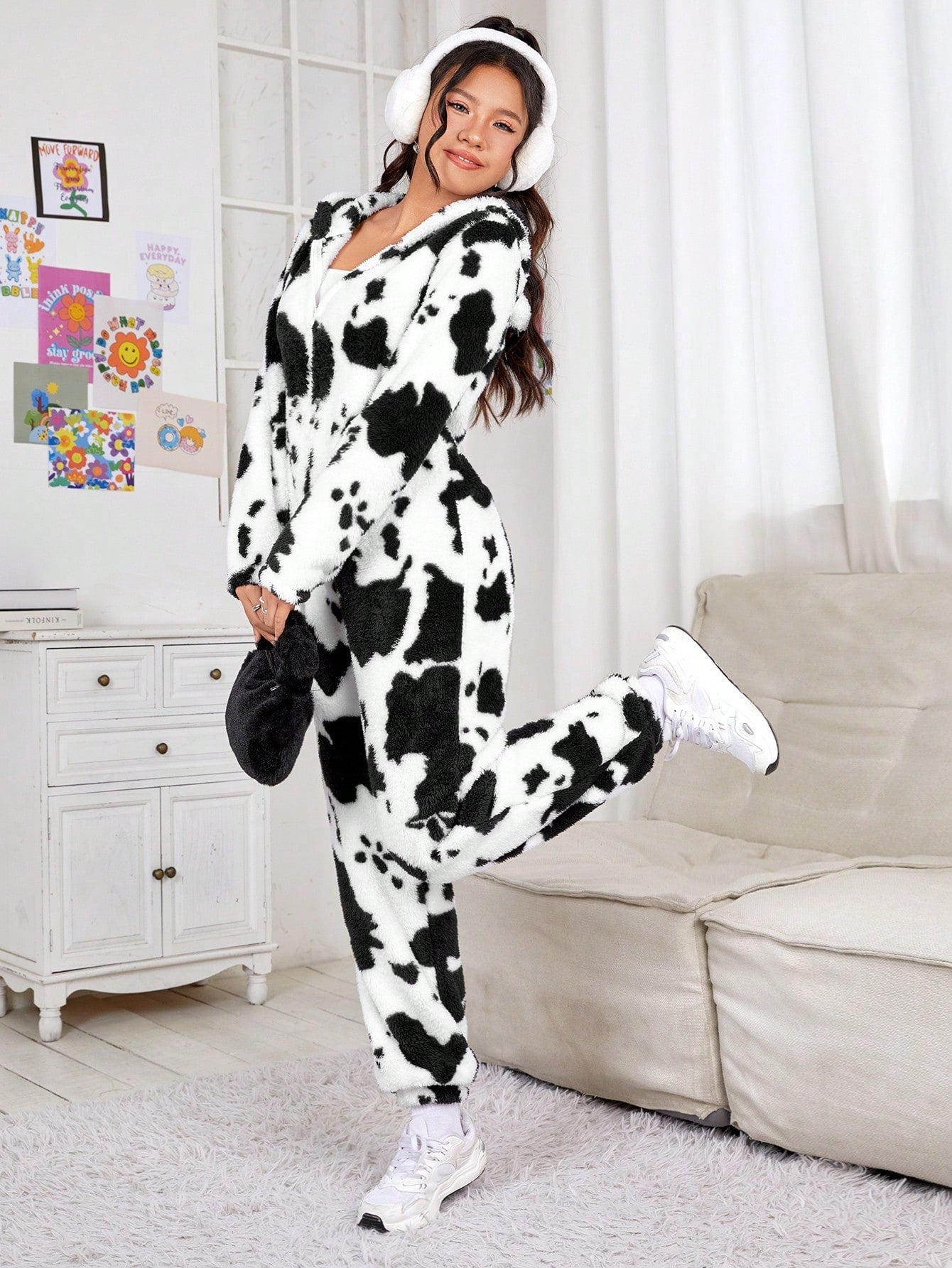 Qutie Cow Pattern 3D Ear Design Hooded Zipper Flannel Jumpsuit