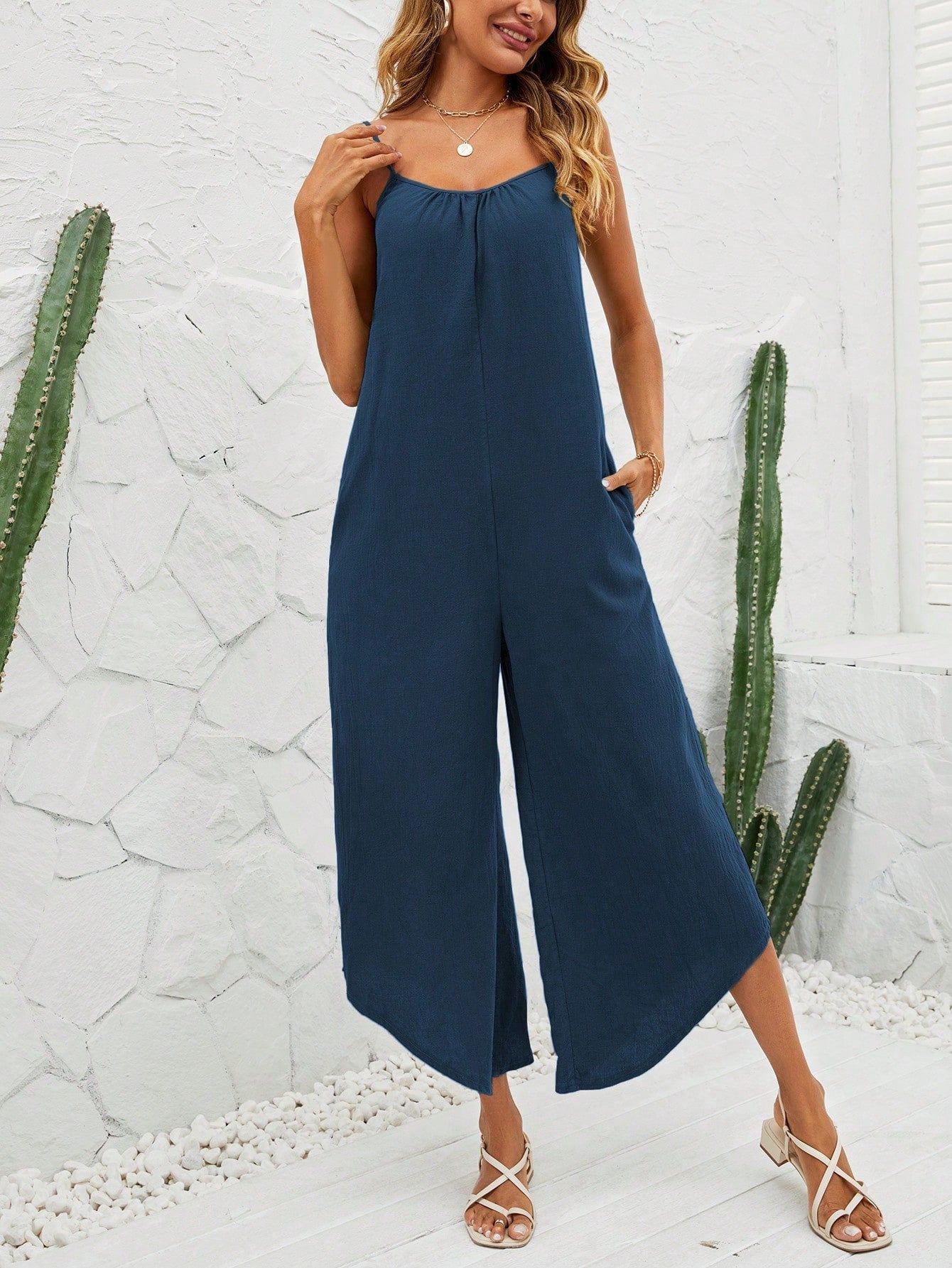 VCAY Striped Print Asymmetrical Hem Cami Jumpsuit