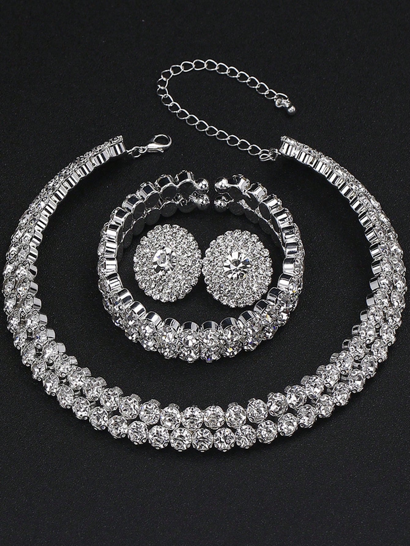 4pcs Luxurious Fashion Women's Full Rhinestone Circular Earrings Bracelet Necklace Set, Bridal Wedding Jewelry