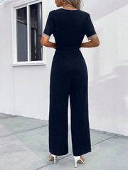 LUNE Guipure Lace Trim Belted Jumpsuit