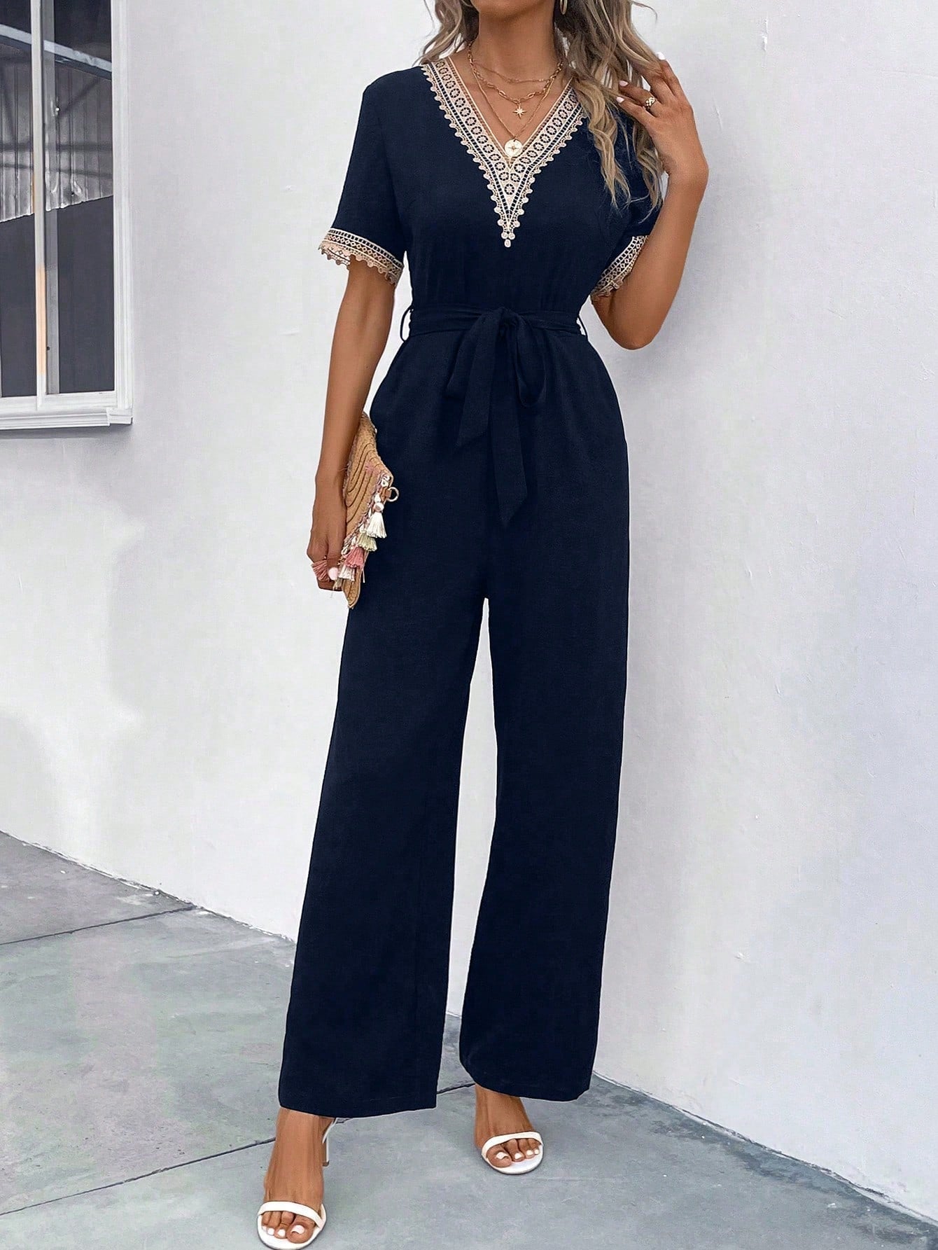 LUNE Guipure Lace Trim Belted Jumpsuit