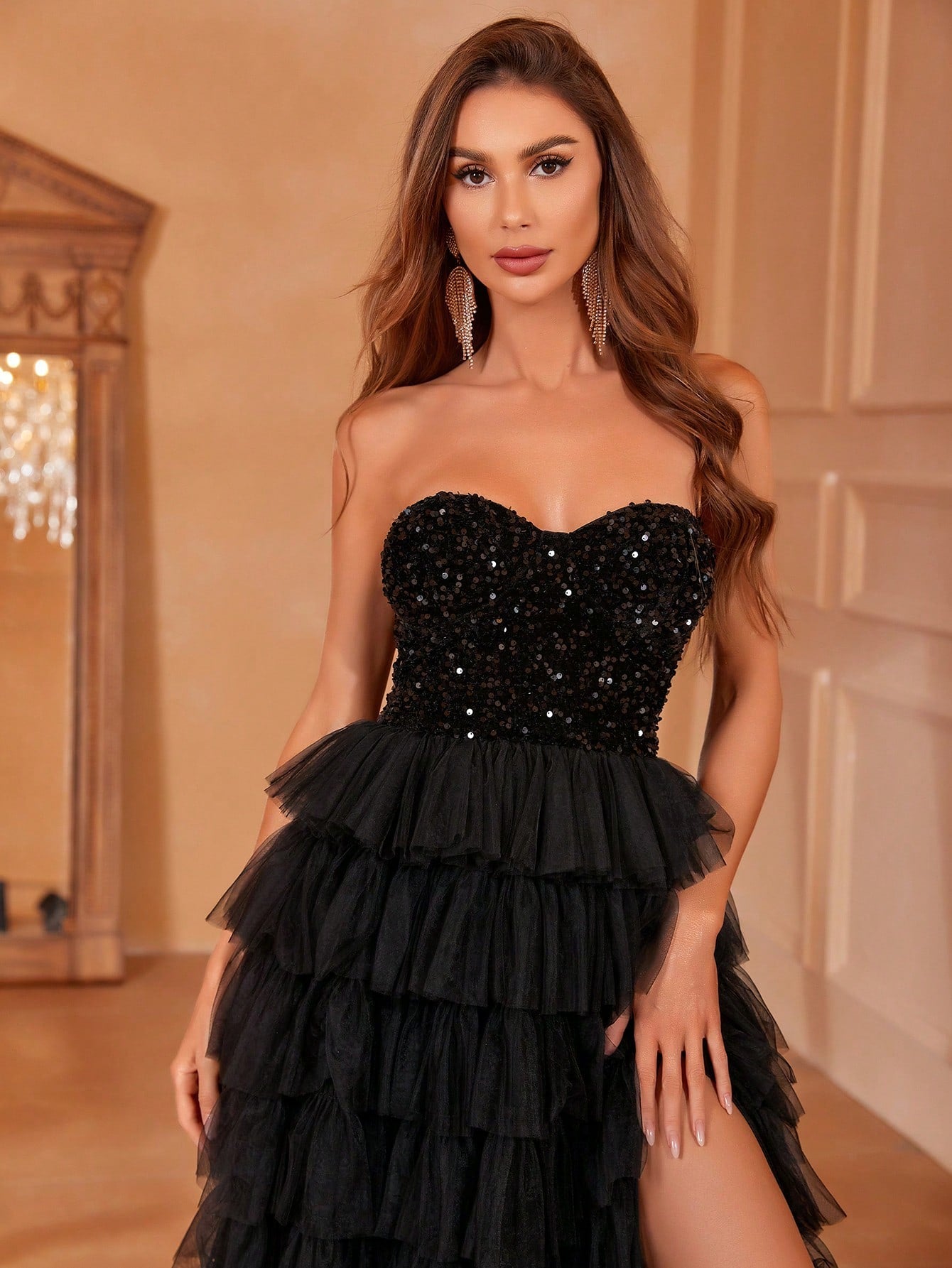 Contrast Sequin Split Thigh Prom Dress