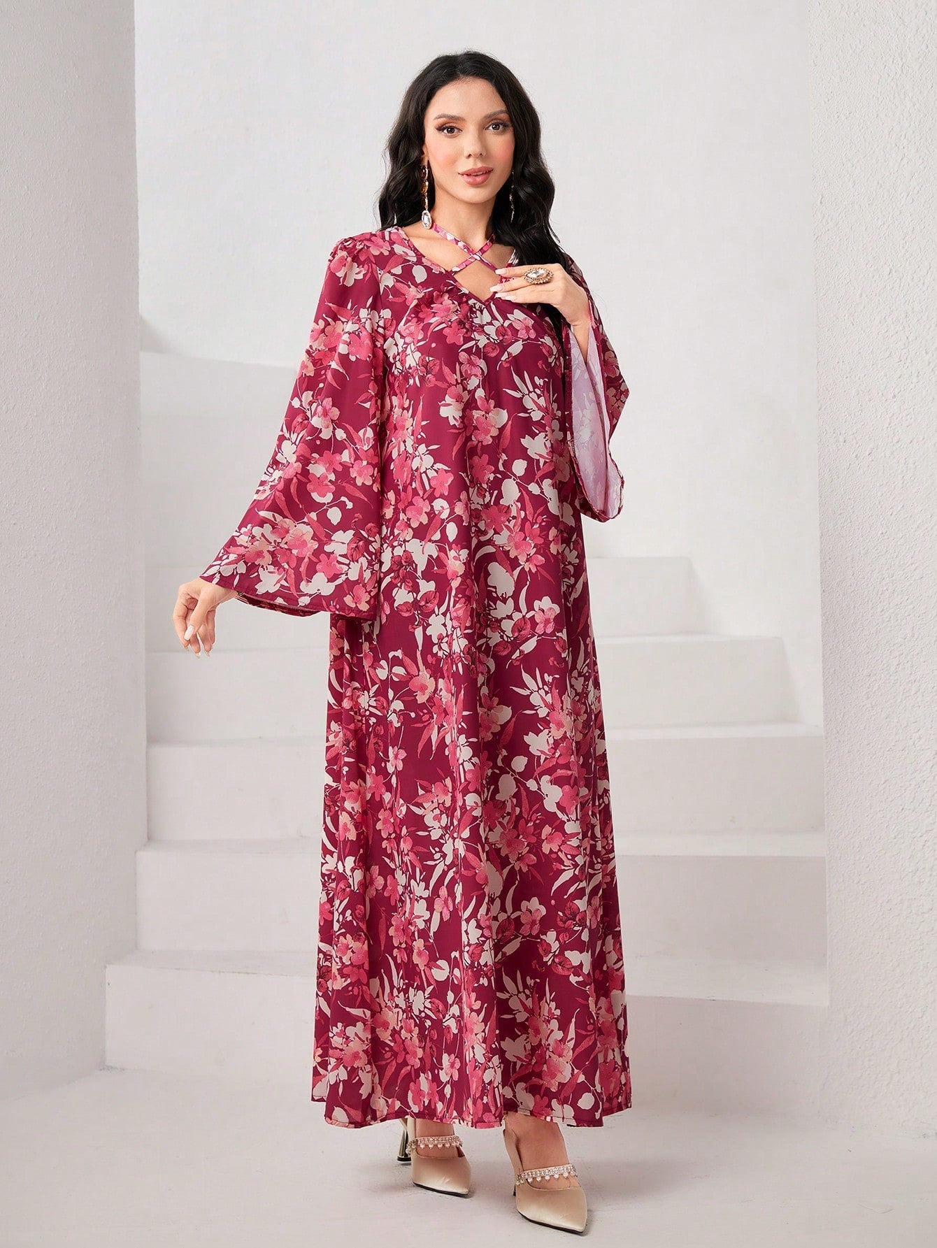 Najma Floral Print Crisscross Front Flounce Sleeve Kaftan