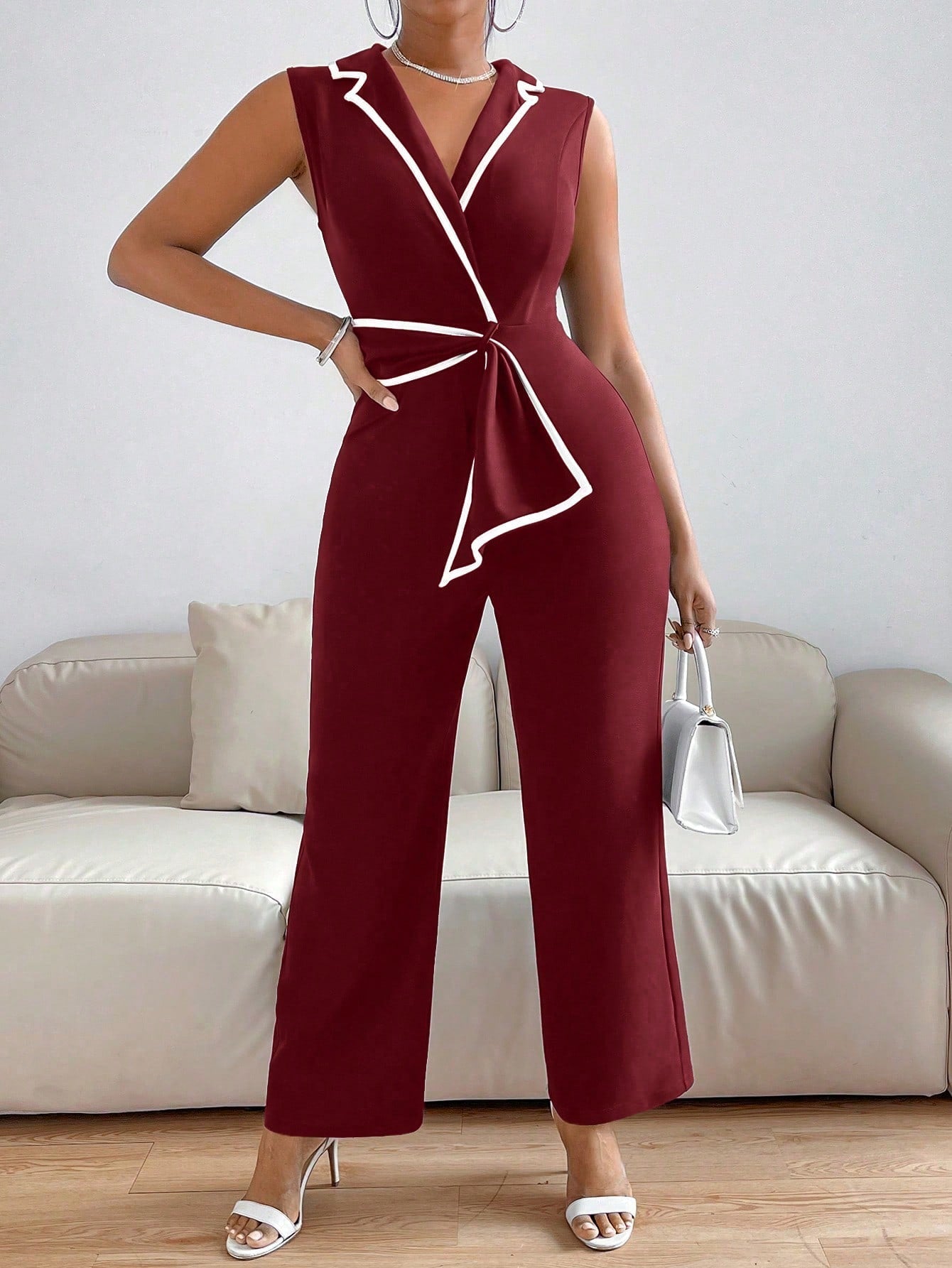 Privé Lapel Collar Contrast Binding Jumpsuit