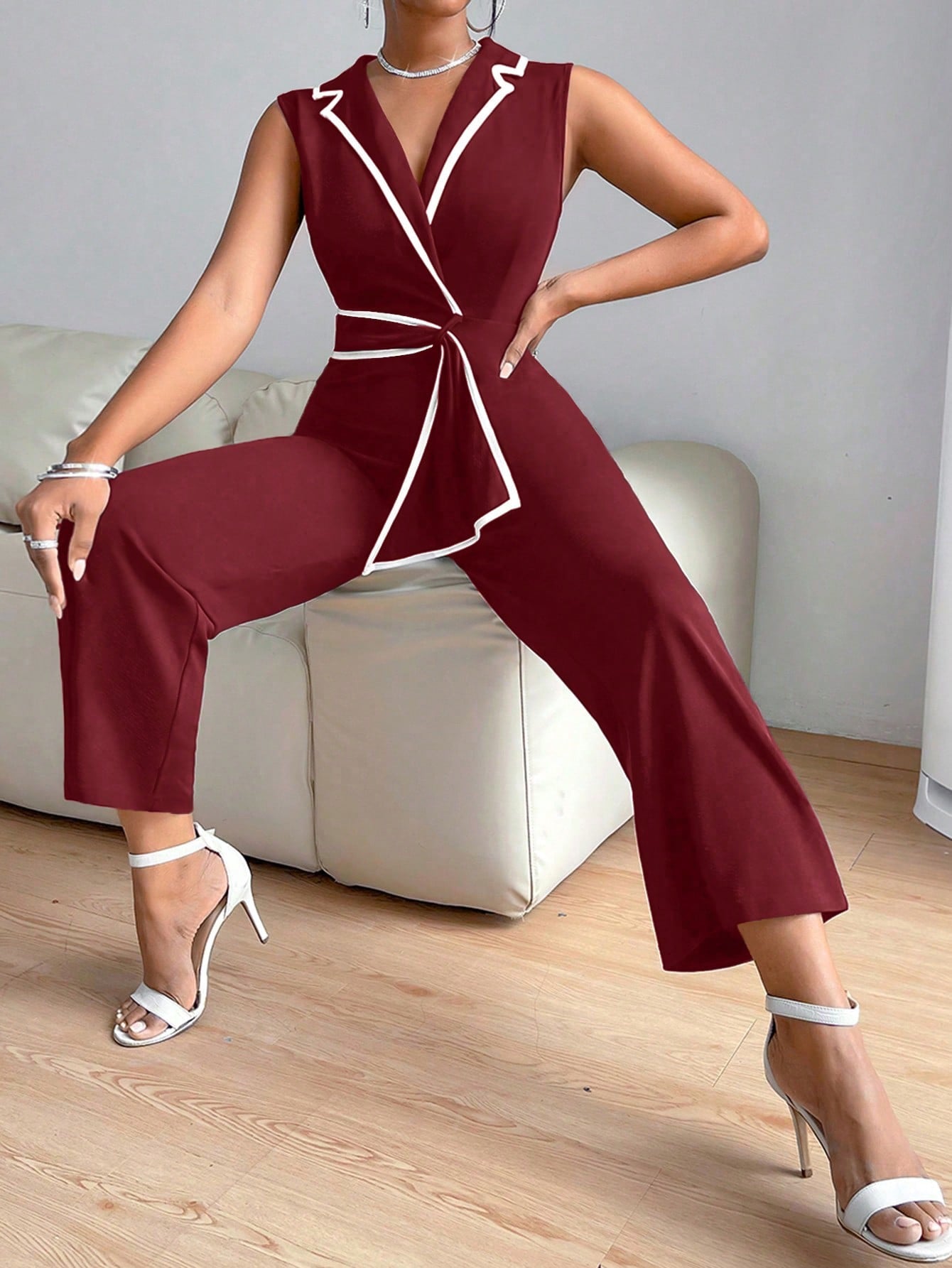 Privé Lapel Collar Contrast Binding Jumpsuit