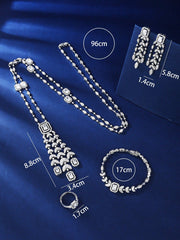 4pcs/set Silver-color Fashionable Cubic Zirconia Long Necklace, Earrings, Bracelet, Open Ring For Women, Suitable For Evening And Daily Wear