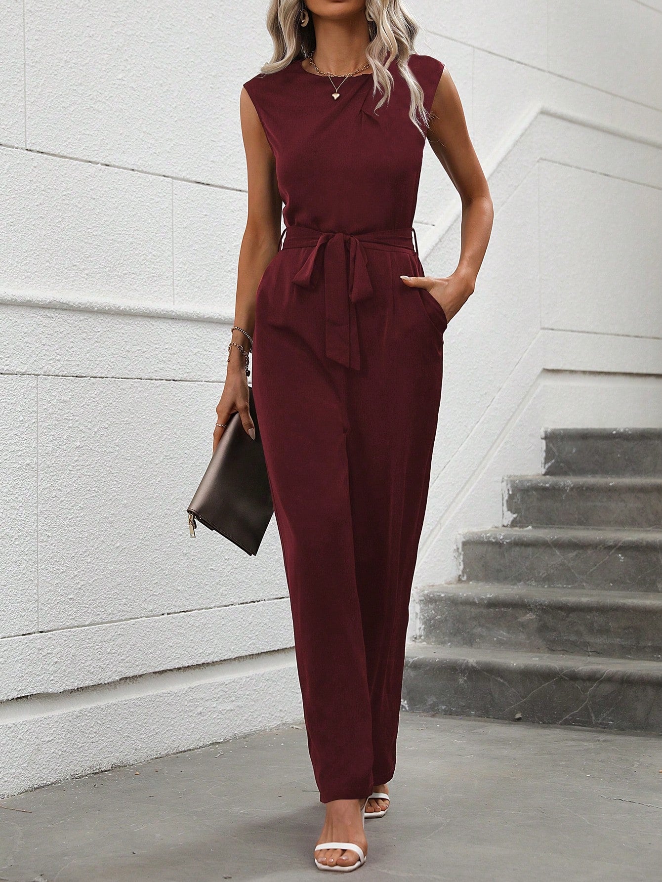 Privé Solid Belted Wide Leg Jumpsuit