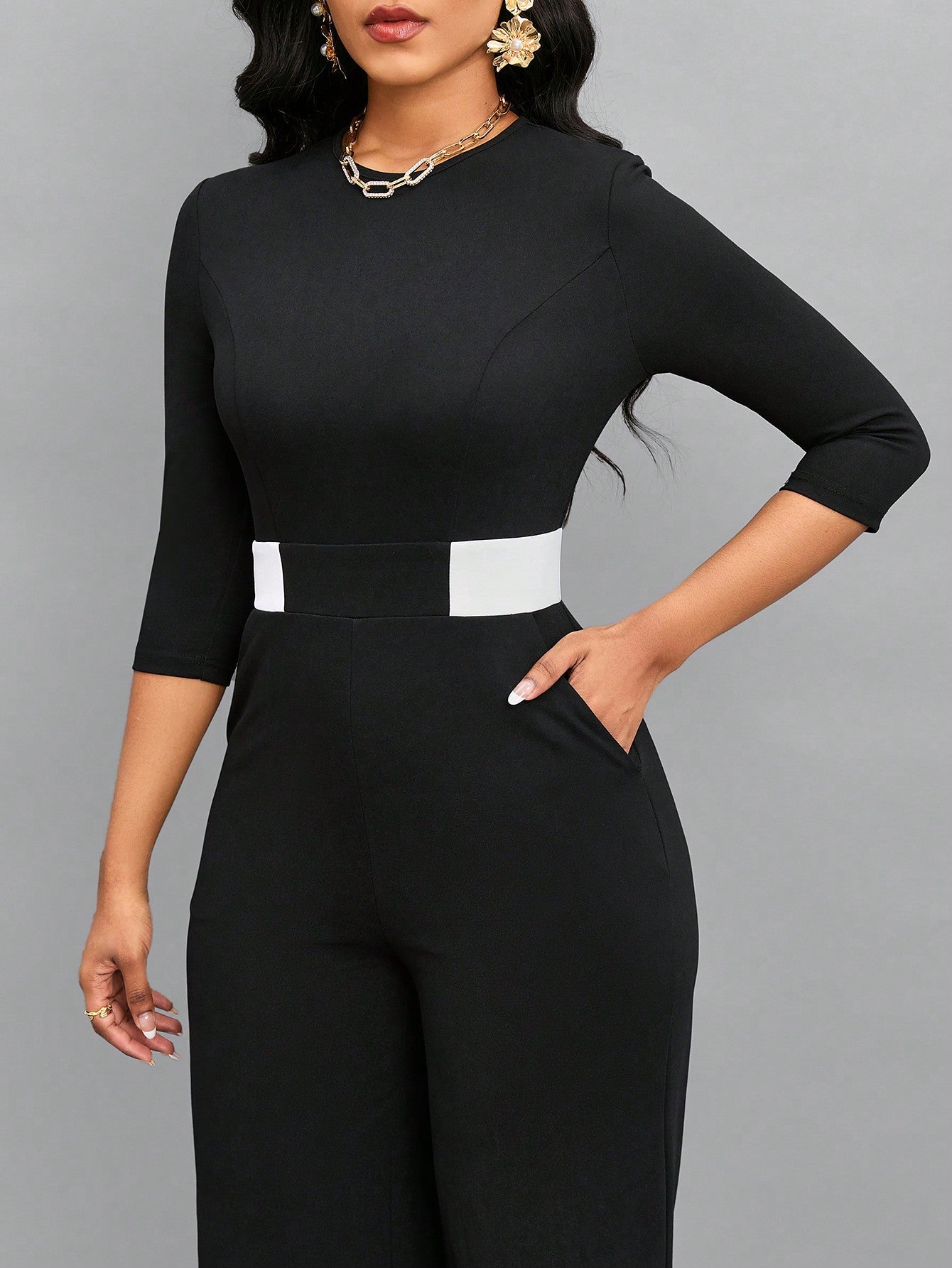 Lady Contrast Panel Slant Pocket Wide Leg Jumpsuit