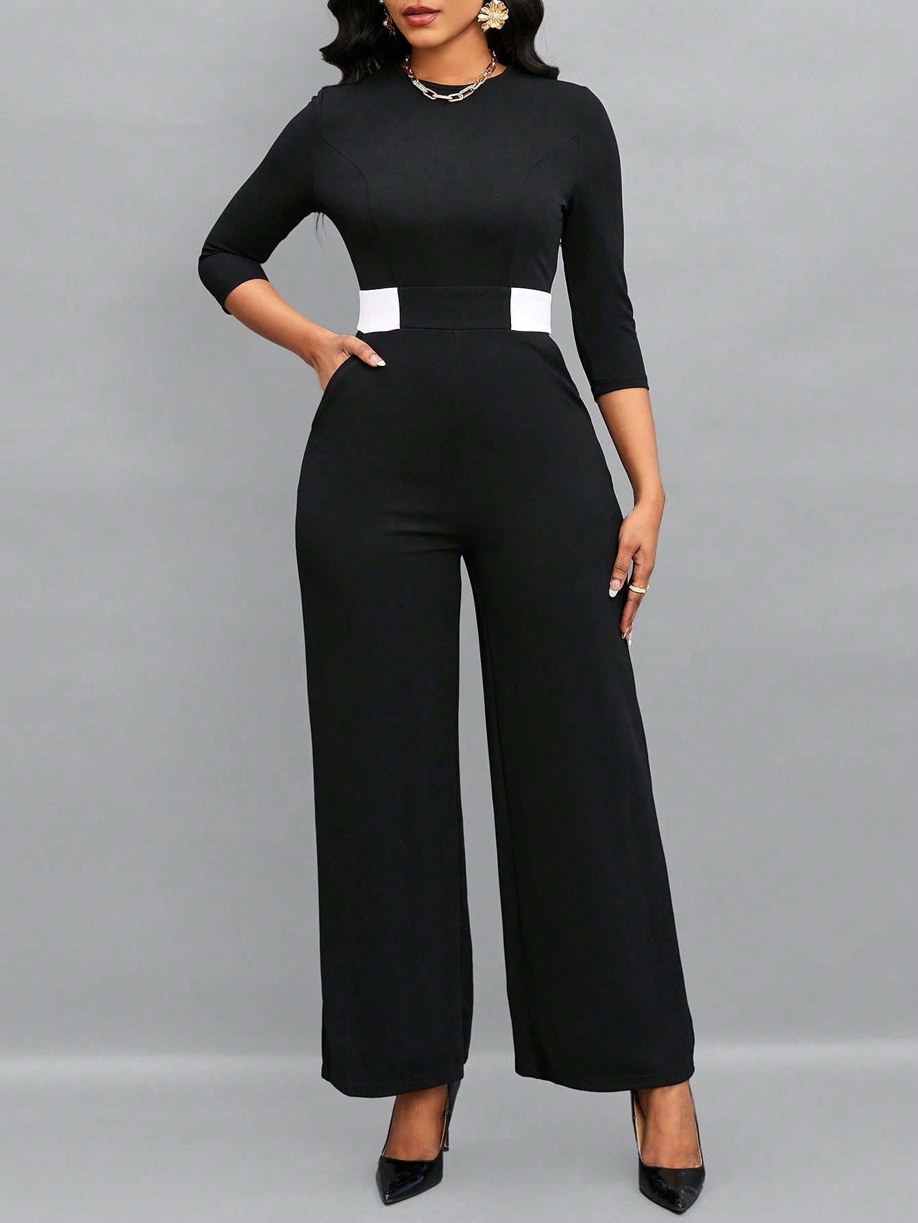 Lady Contrast Panel Slant Pocket Wide Leg Jumpsuit