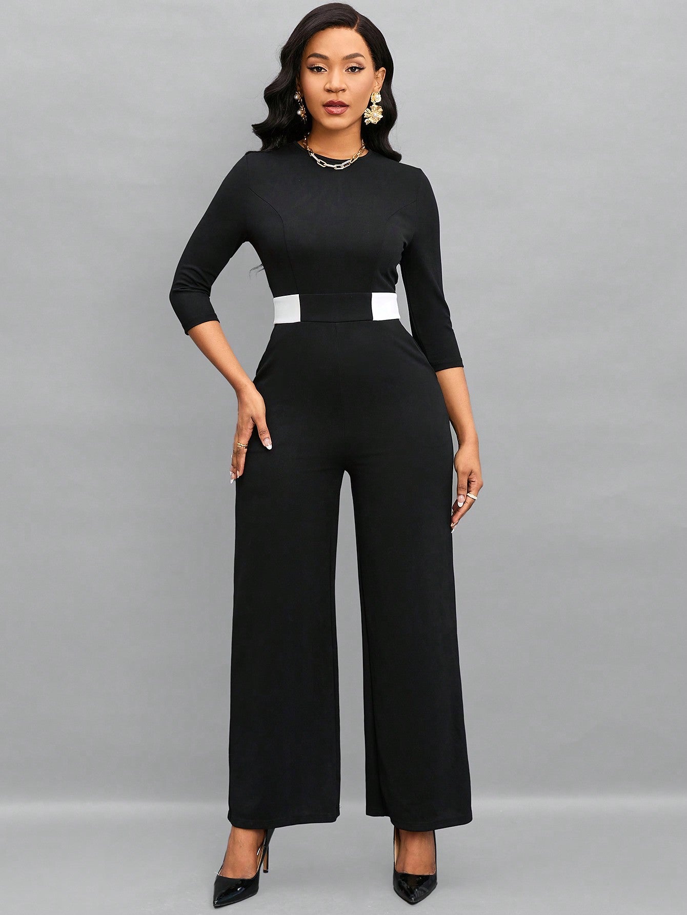 Lady Contrast Panel Slant Pocket Wide Leg Jumpsuit