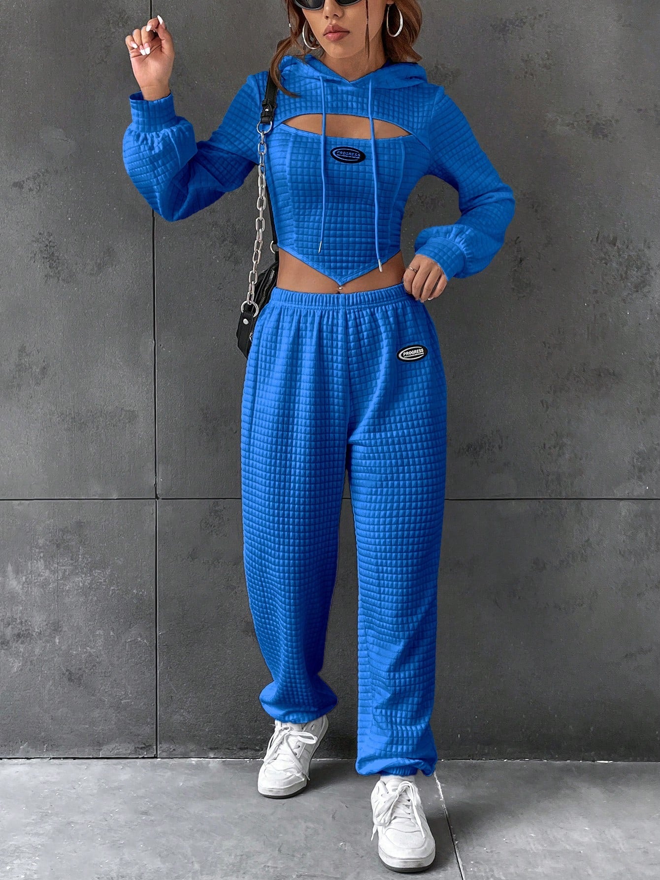 Coolane Letter Patched Detail Cutout Drawstring Hoodie & Sweatpants