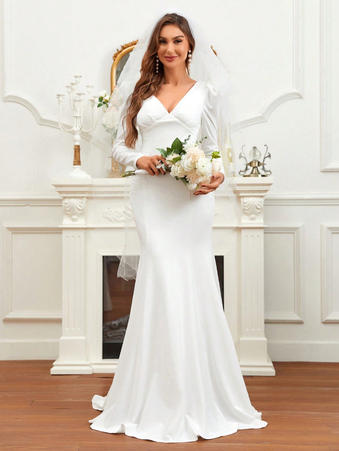 Belle Solid V-neck Mermaid Hem Wedding Dress Without Veil