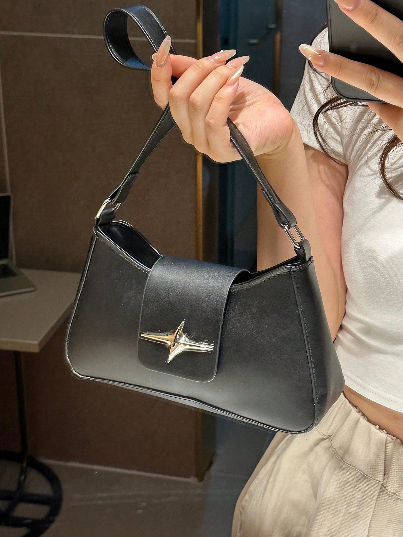 Metal Embellished Flap Design Shoulder Small Square Bag