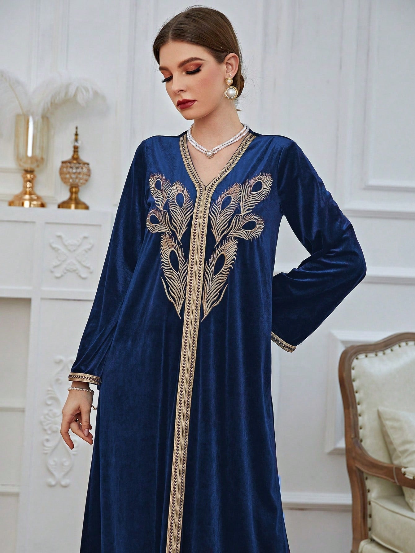 Embroidery Contrast Trim Belted Kaftan Dress