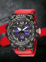 Smael Men's Red Electronic Sports Watch With Multi-function, Waterproof, Alarm, Dual Display And Fashionable Design