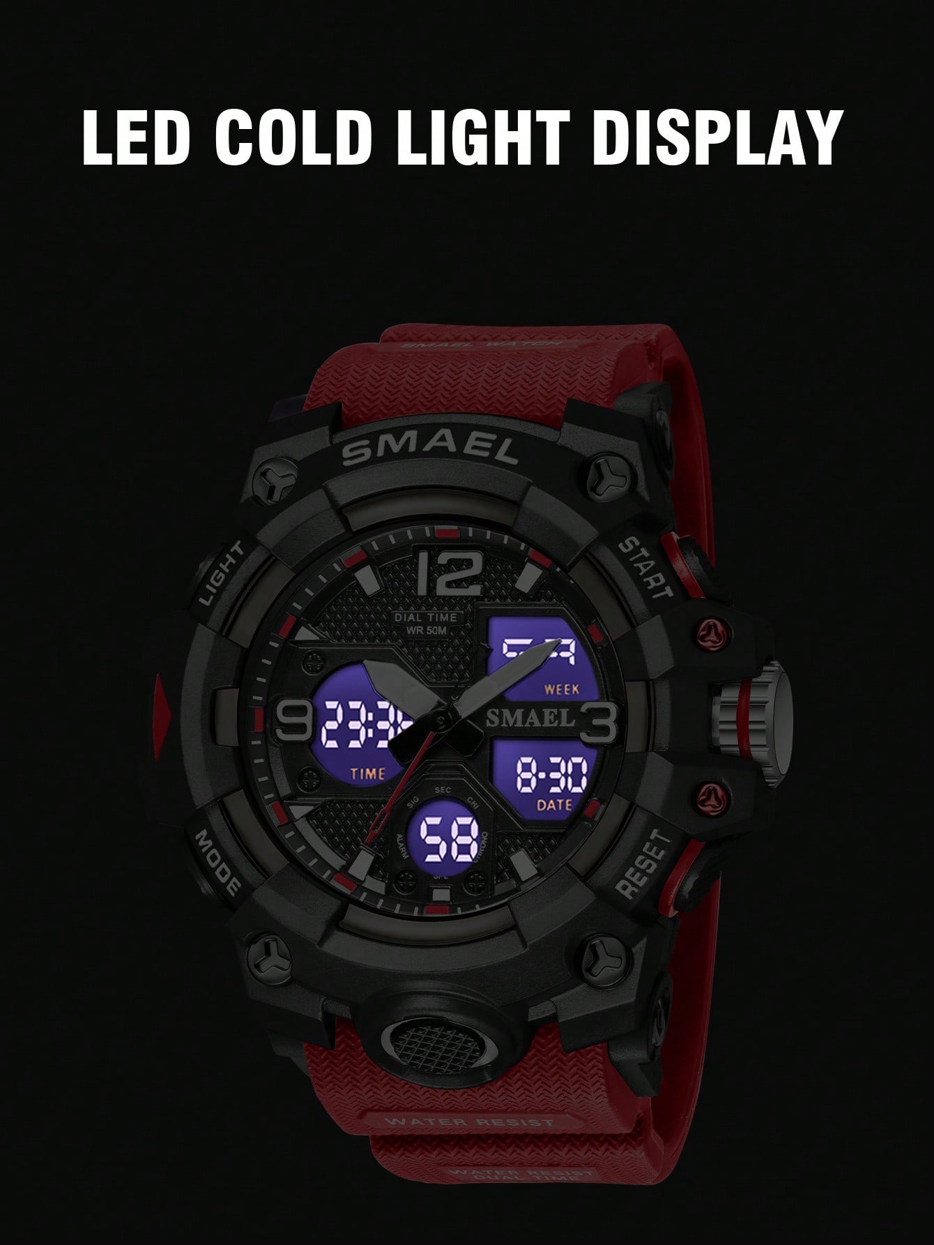 Smael Men's Red Electronic Sports Watch With Multi-function, Waterproof, Alarm, Dual Display And Fashionable Design