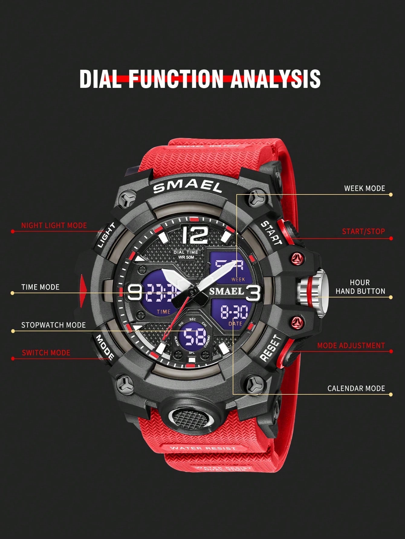 Smael Men's Red Electronic Sports Watch With Multi-function, Waterproof, Alarm, Dual Display And Fashionable Design