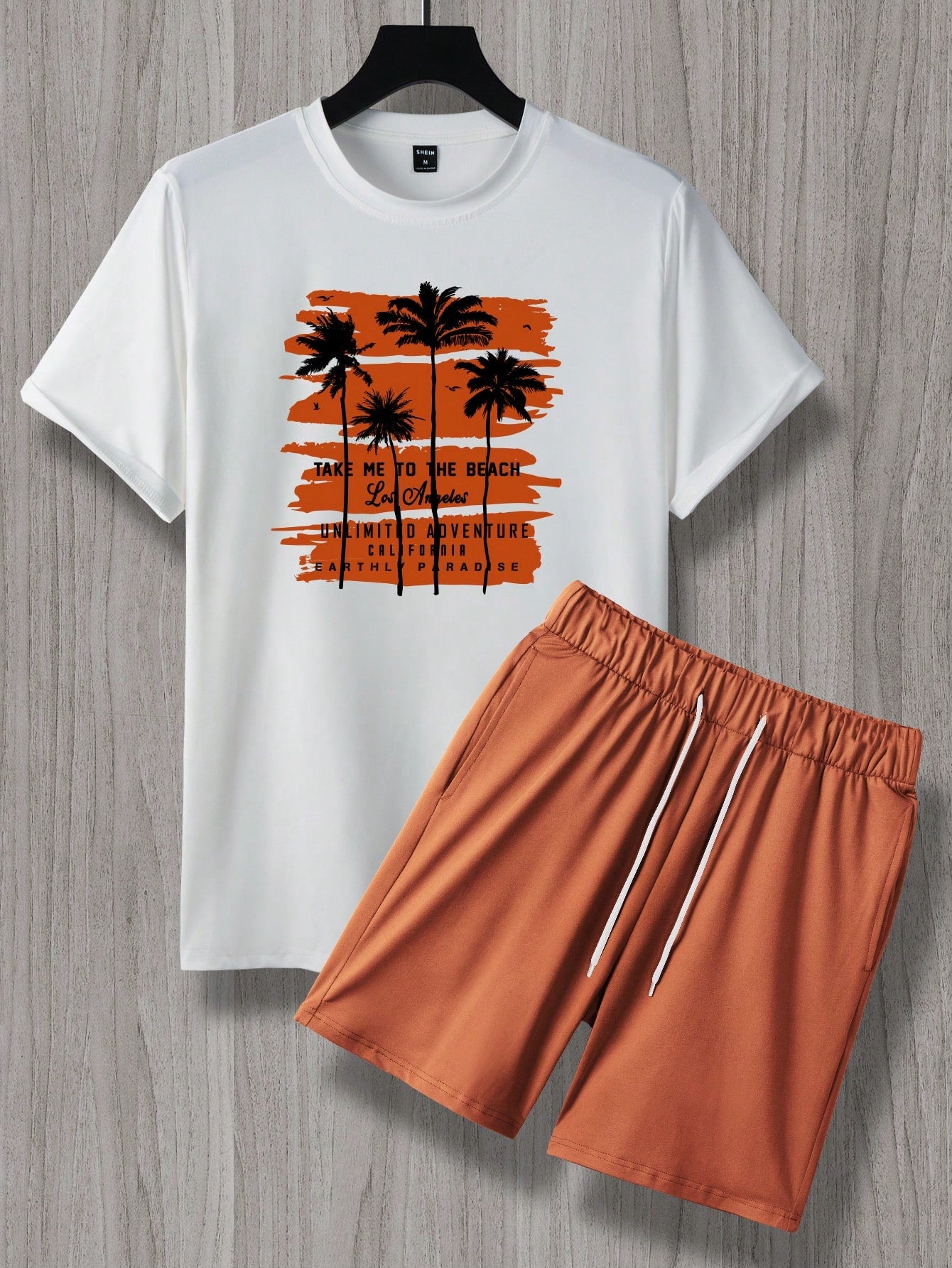 Manfinity Hypemode Men Tropical & Slogan Graphic Tee & Drawstring Waist Shorts