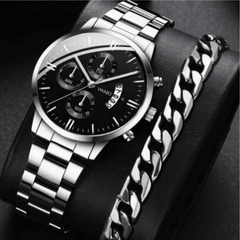 2pcs Luxury Men's Bracelet Watch Set, Men's Fashionable Calendar Business Stainless Steel Strap Quartz Watch & Chain Bracelet