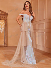 Off Shoulder Mesh Panel Sequin Prom Dress