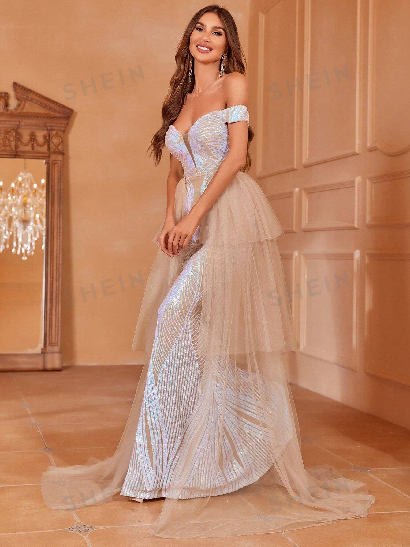 Off Shoulder Mesh Panel Sequin Prom Dress