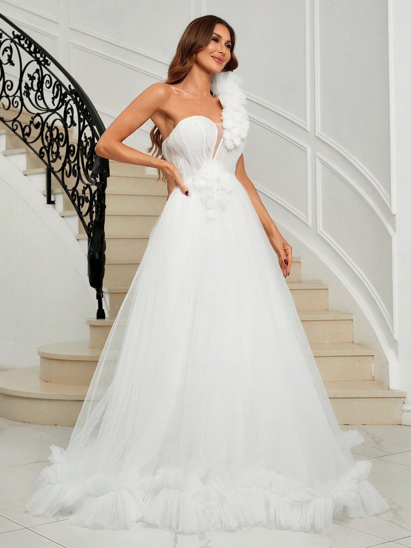 Belle One Shoulder Appliques Mesh Overlay Wedding Dress