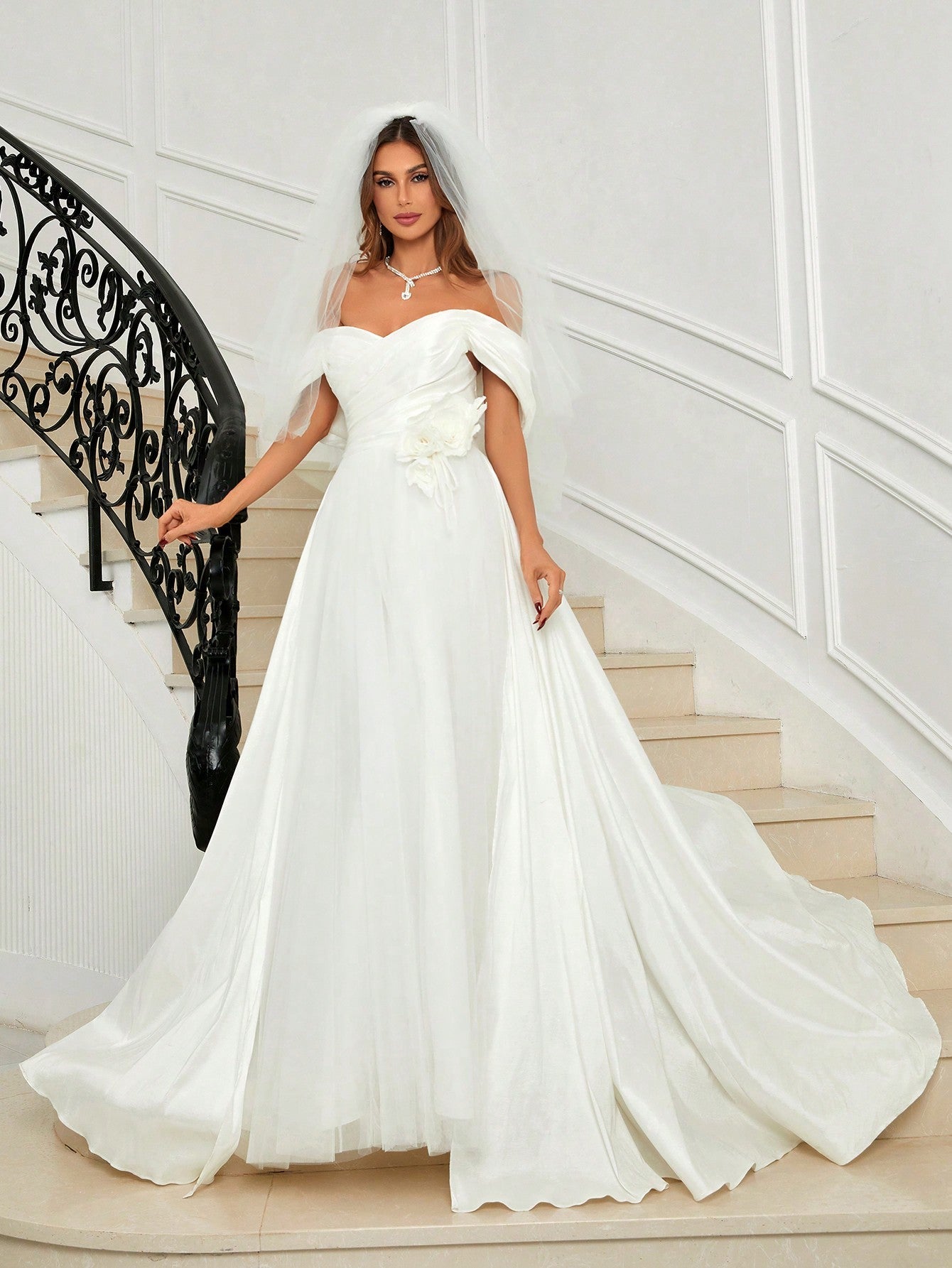 Belle Off Shoulder Appliques Mesh Overlay Wedding Dress Without Veil