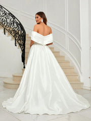 Belle Off Shoulder Appliques Mesh Overlay Wedding Dress Without Veil