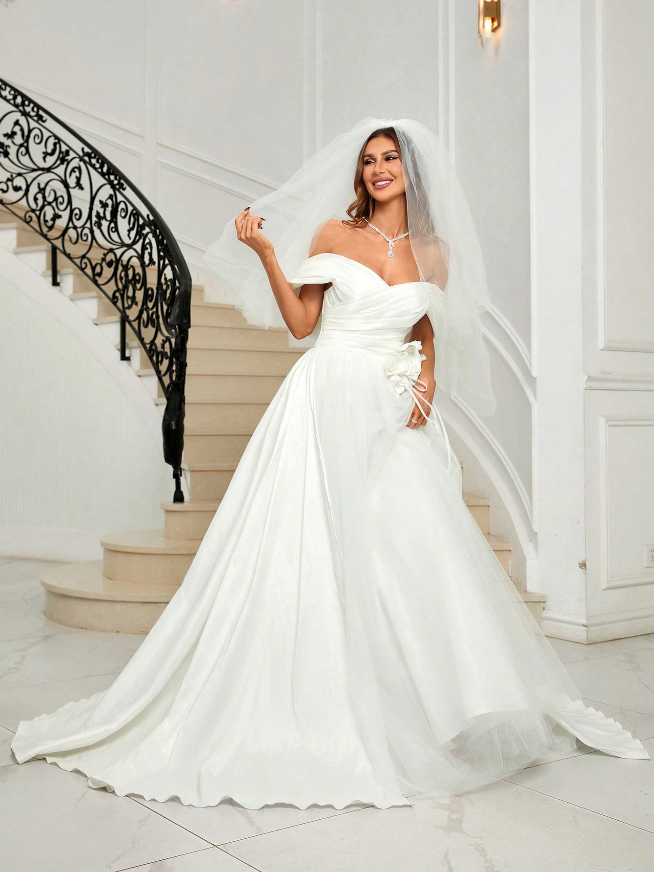 Belle Off Shoulder Appliques Mesh Overlay Wedding Dress Without Veil