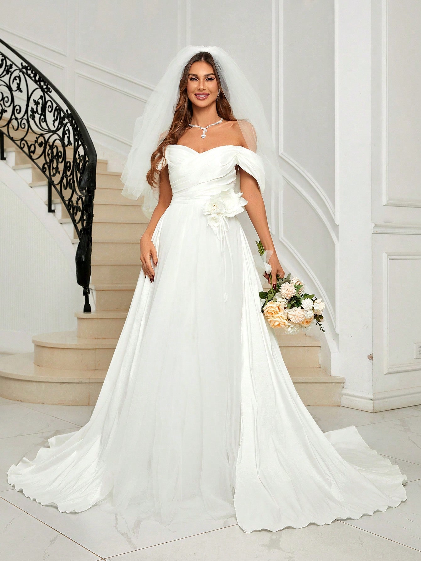 Belle Off Shoulder Appliques Mesh Overlay Wedding Dress Without Veil