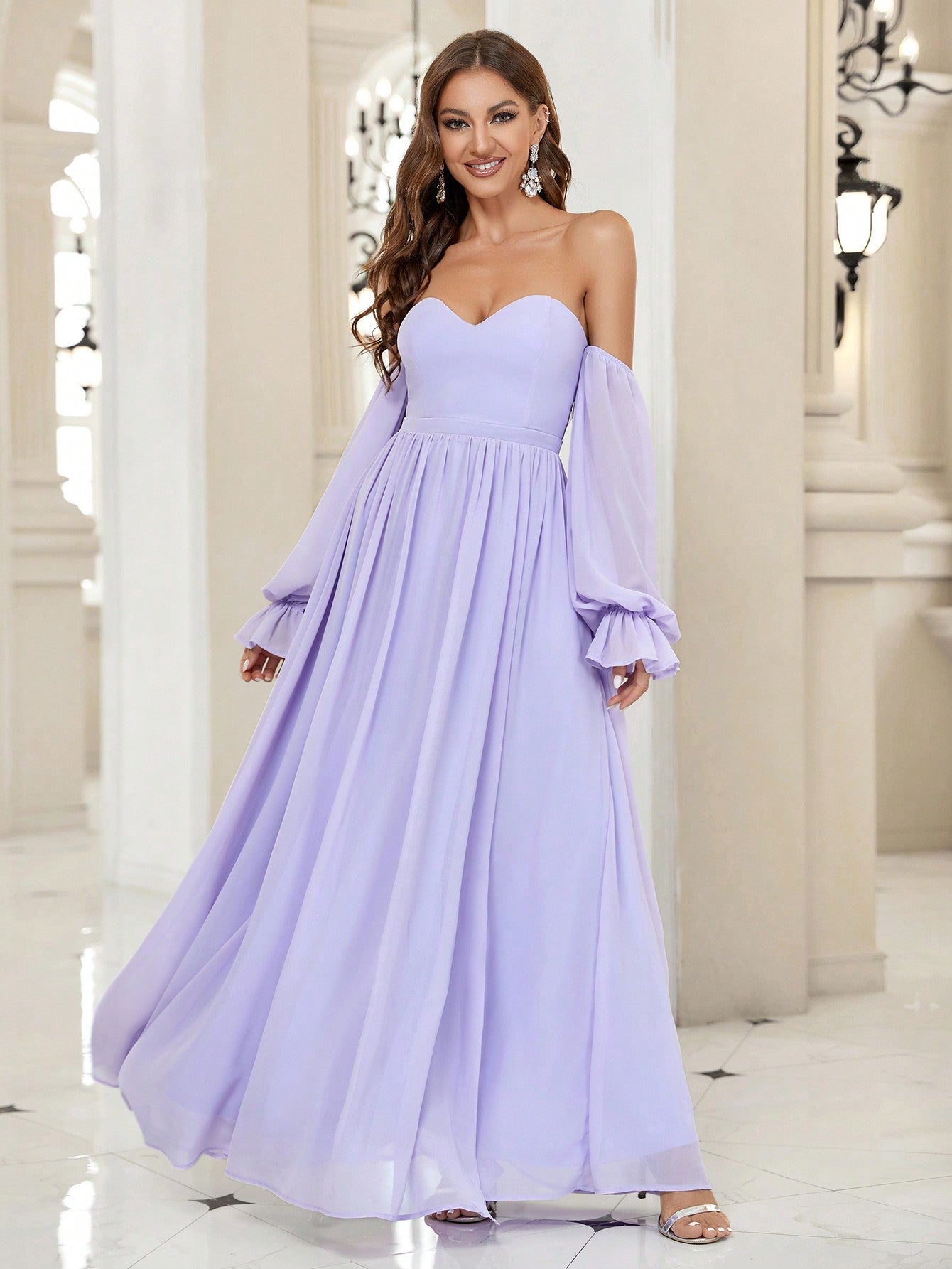 Belle Transparent Shoulder Strap Flounce Sleeve Split Thigh Prom Bridesmaid Dress