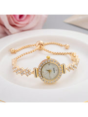 New Casual Fashion Ladies' Bracelet Watch, Cute Round Dial Decorated With Crystals, Rhinestone Embellished Watchband, Alloy Quartz Watch, Gift