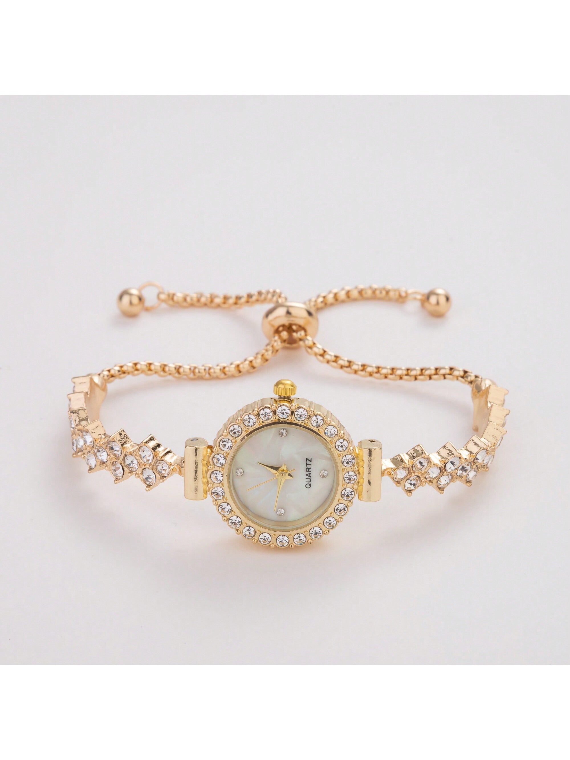 New Casual Fashion Ladies' Bracelet Watch, Cute Round Dial Decorated With Crystals, Rhinestone Embellished Watchband, Alloy Quartz Watch, Gift