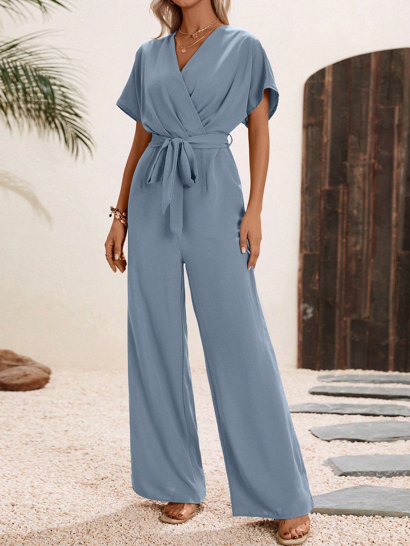 LUNE Solid Belted Wide Leg Wrap Detail Jumpsuit