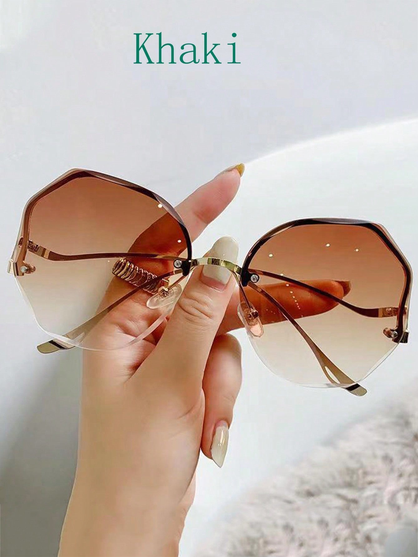 1pc Women's Rimless Irregular Edges Gradient Lens Sunglasses, Trendy Fashion Accessory For Street Photography