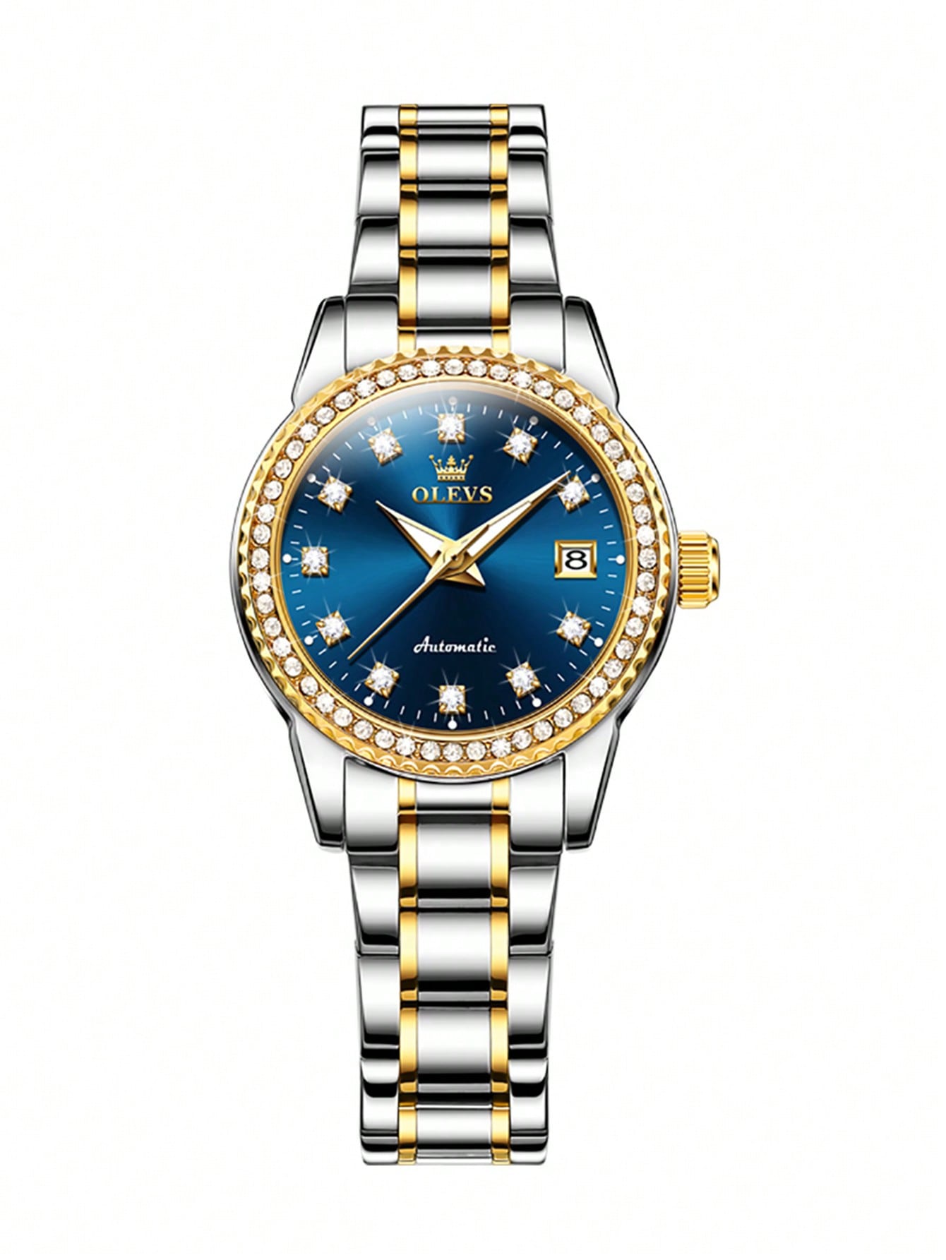 Olevs Fashionable Women's Original Automatic Mechanical Watch With Shiny Diamond Dial And Waterproof Feature