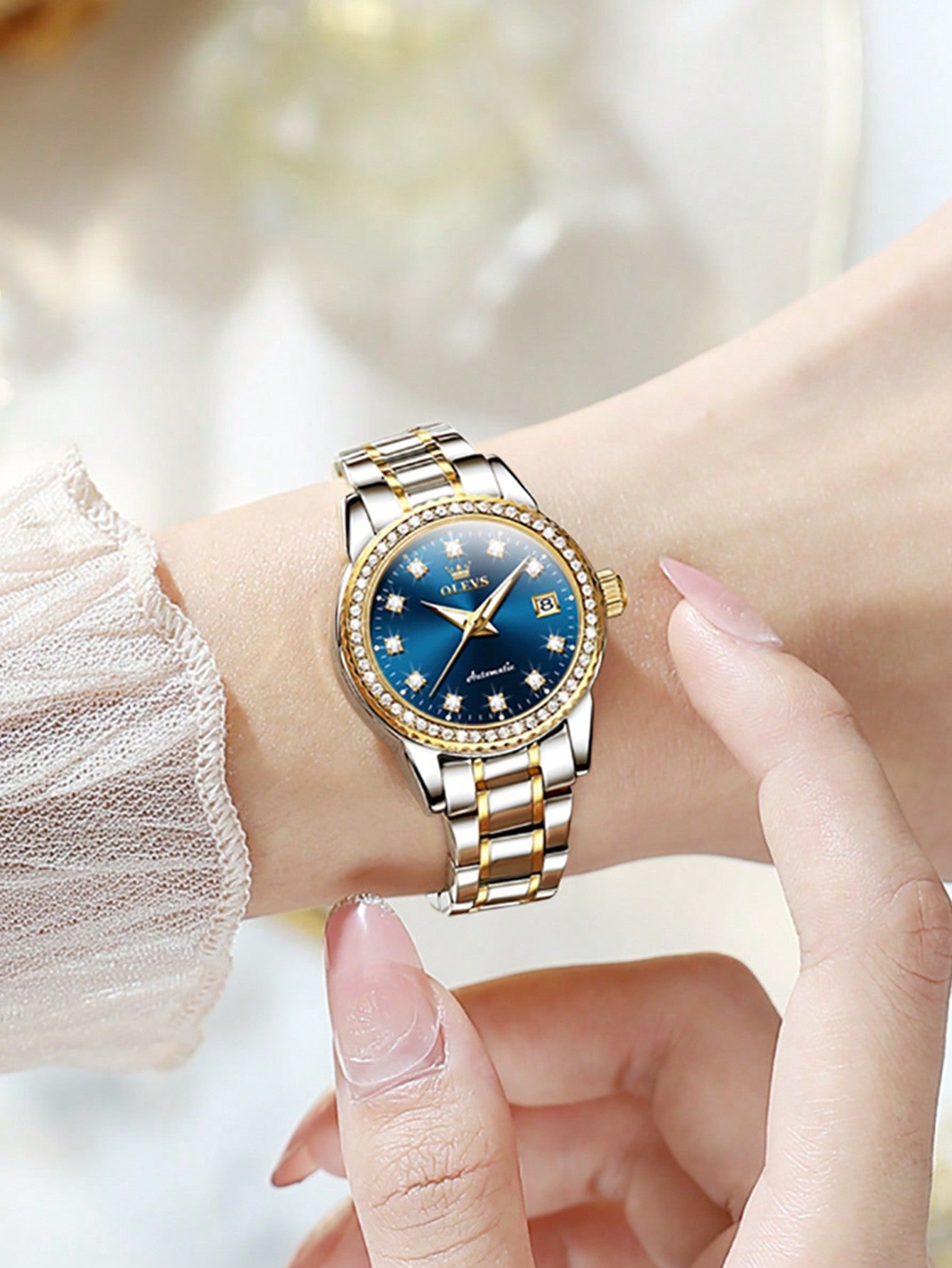 Olevs Women's Mechanical Watch, Luxury Diamond Dial White Stainless Steel Waterproof Luminous Ladies Watch