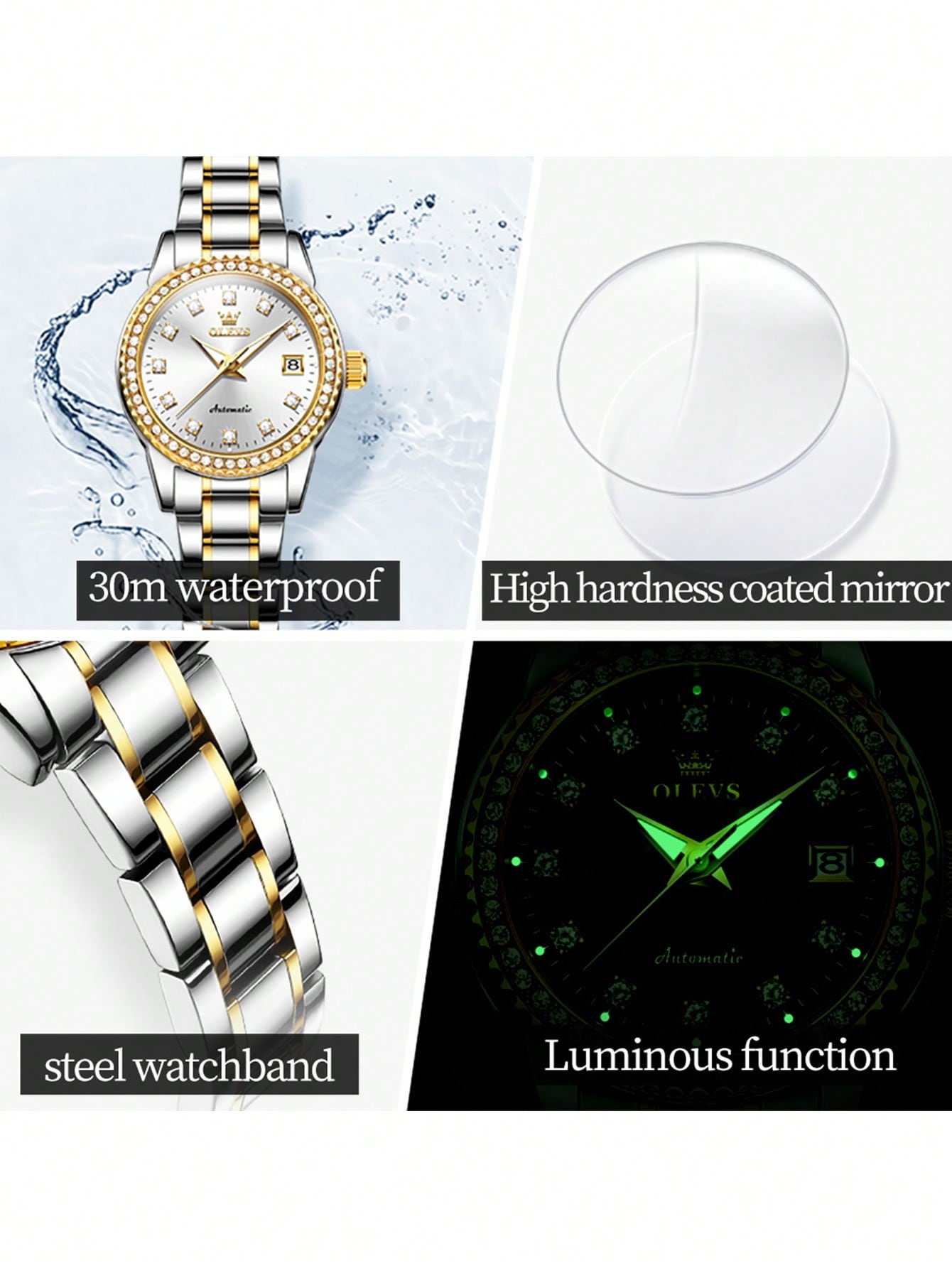 Olevs Women's Mechanical Watch, Luxury Diamond Dial White Stainless Steel Waterproof Luminous Ladies Watch