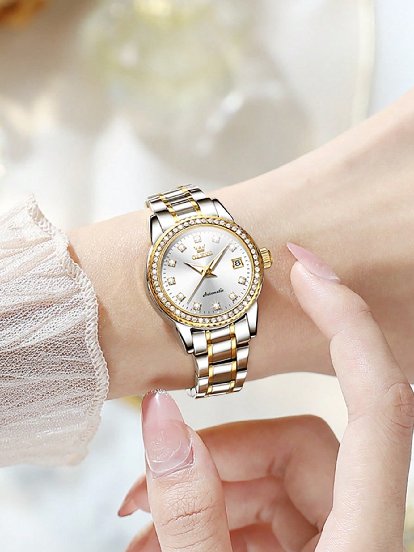 Olevs Women's Mechanical Watch, Luxury Diamond Dial White Stainless Steel Waterproof Luminous Ladies Watch