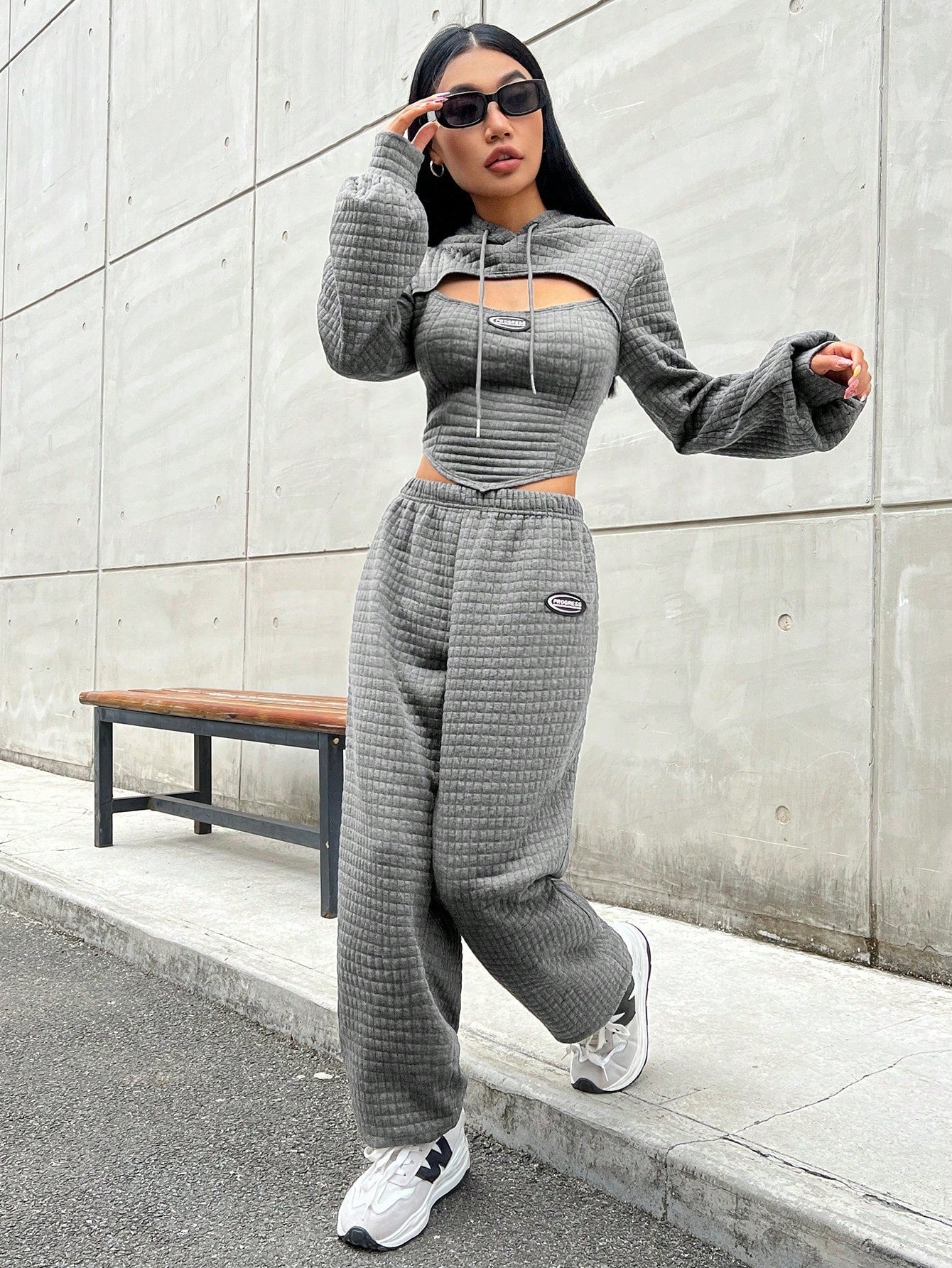 Coolane Letter Patched Detail Cutout Drawstring Hoodie & Sweatpants