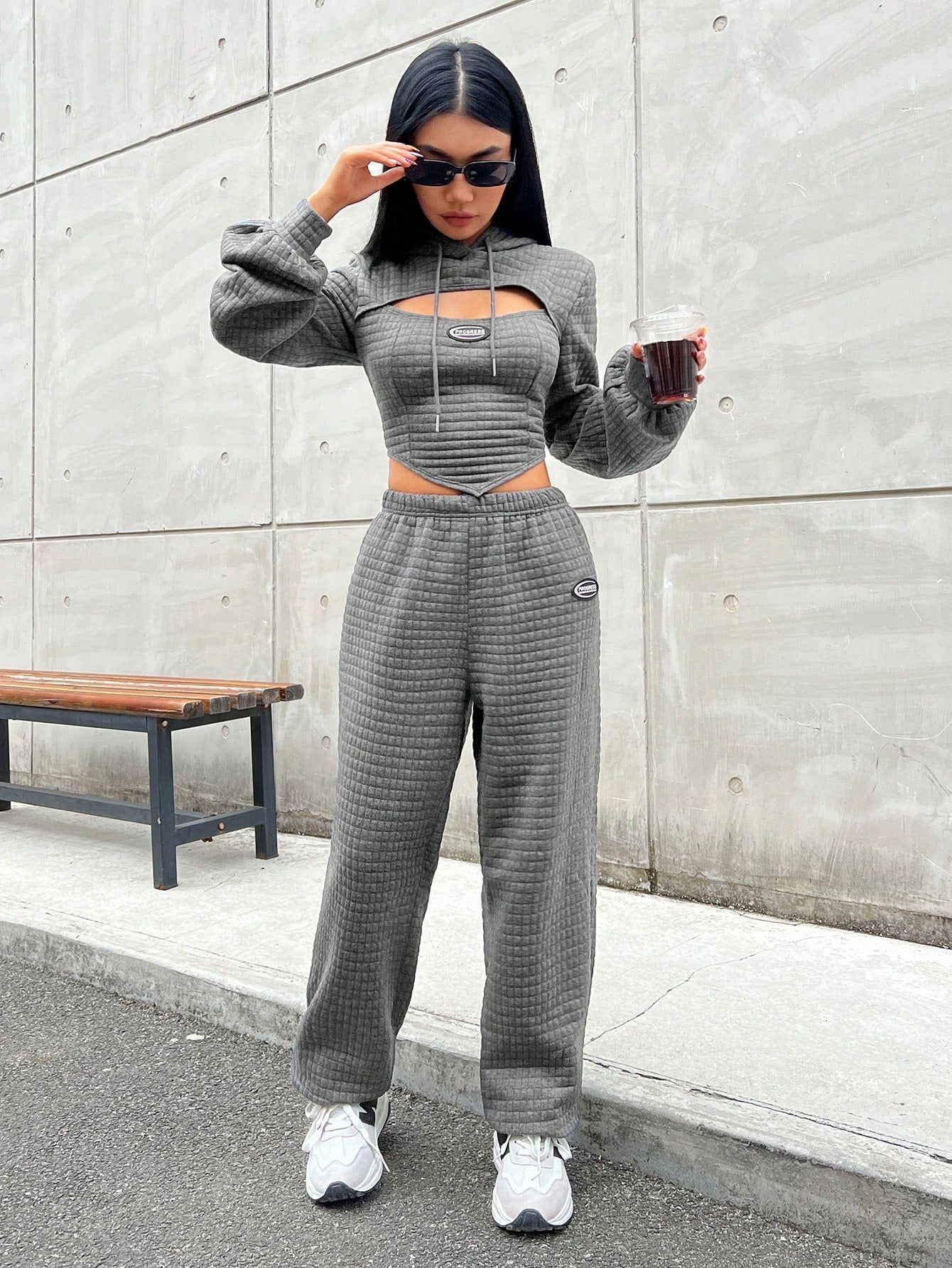 Coolane Letter Patched Detail Cutout Drawstring Hoodie & Sweatpants