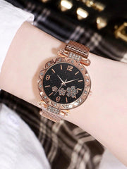 2pcs/set Ladies' Fashionable Casual Magnetic Buckle Round Quartz Watch & Bracelet With Flower Design