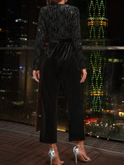 Surplice Neck Belted Velvet Jumpsuit