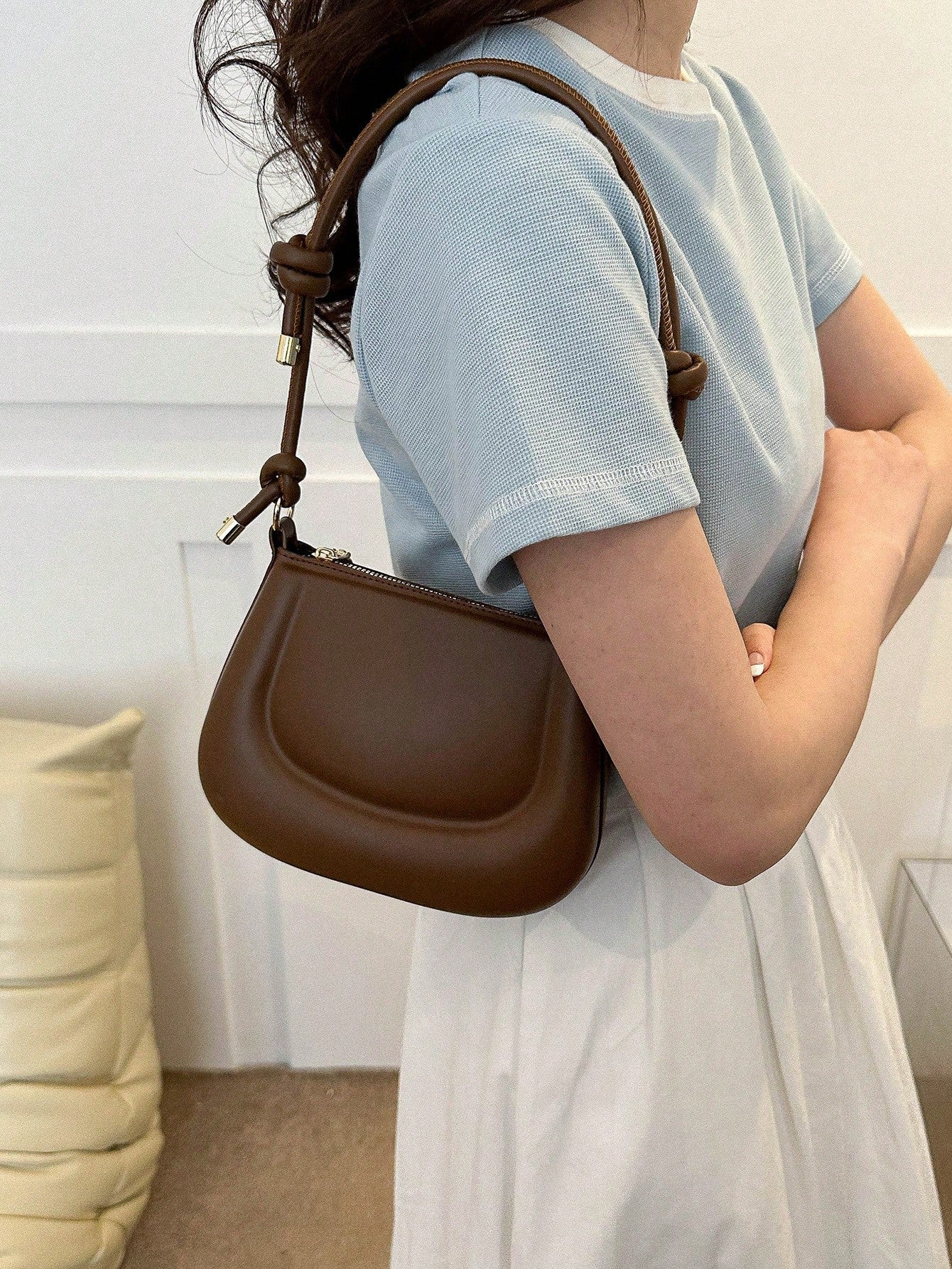 New women's mini shoulder bag simple solid color versatile small square bag Knotted Strap Shoulder Bag Solid Color Zipper Underarm Bag PU Leather Stylish Trendy Bag