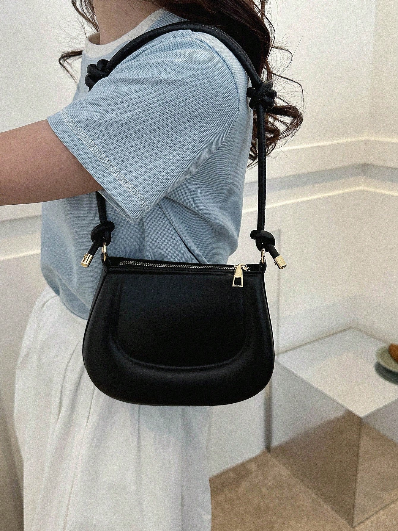 New women's mini shoulder bag simple solid color versatile small square bag Knotted Strap Shoulder Bag Solid Color Zipper Underarm Bag PU Leather Stylish Trendy Bag