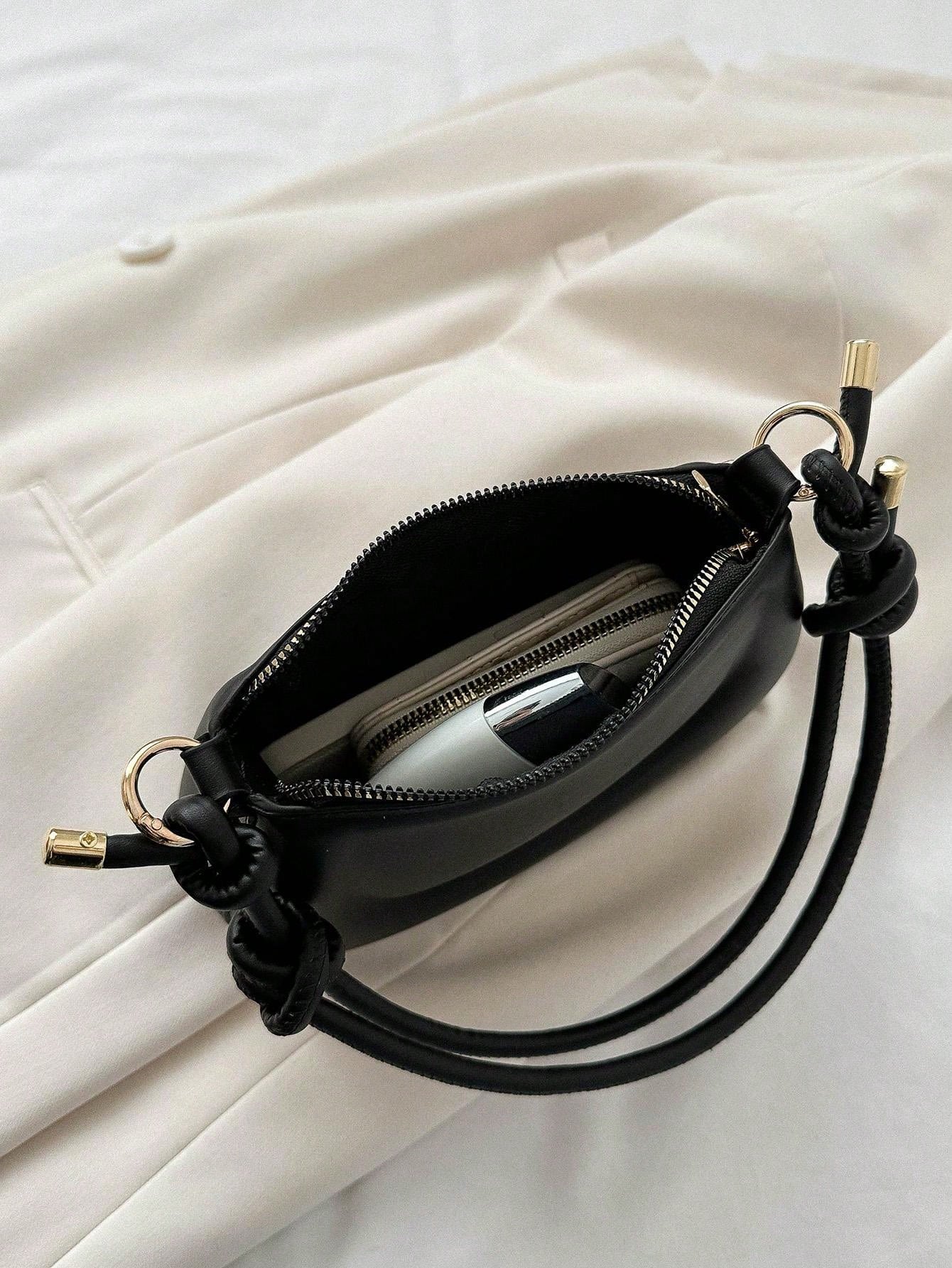 New women's mini shoulder bag simple solid color versatile small square bag Knotted Strap Shoulder Bag Solid Color Zipper Underarm Bag PU Leather Stylish Trendy Bag